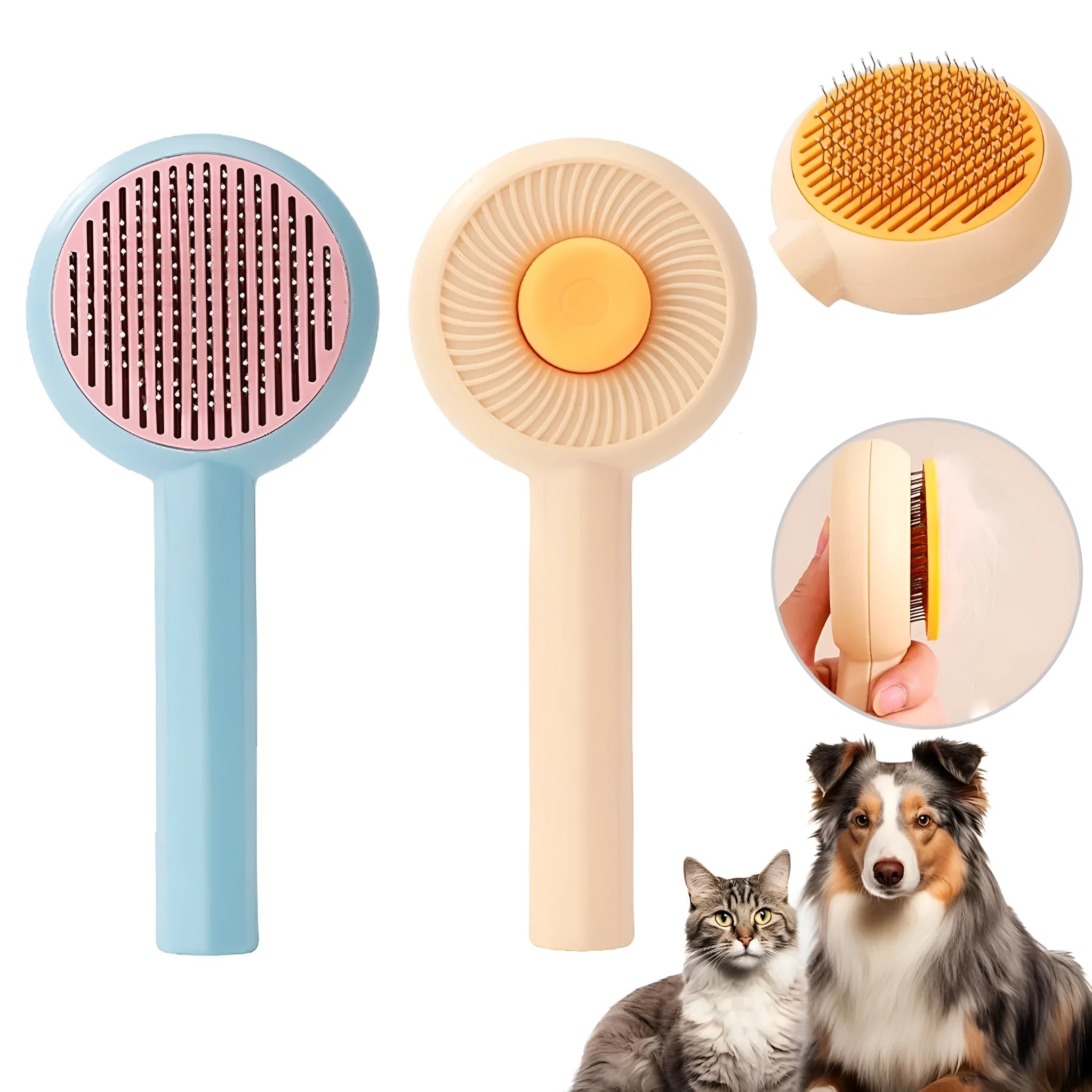 Blue self-cleaning pet grooming brush with metal pins and a button for hair removal