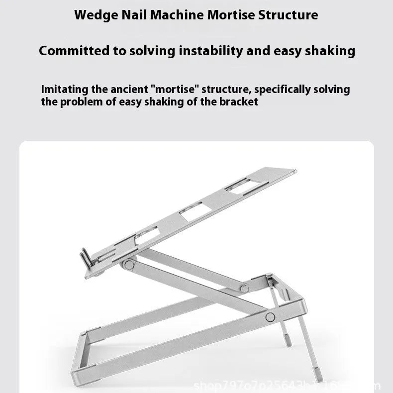 Aluminium alloy foldable laptop cooling stand showing dimensions and riser mechanism