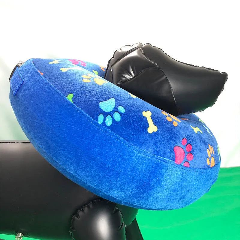 Blue inflatable PVC pet recovery collar with soft flocking guard circle for dogs, deflated state