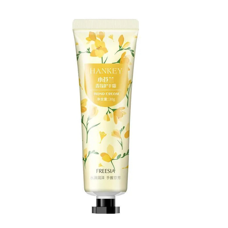 30g tube of scented hand cream for dry skin, shown with choice of avocado, chamomile, and rose fragrances.