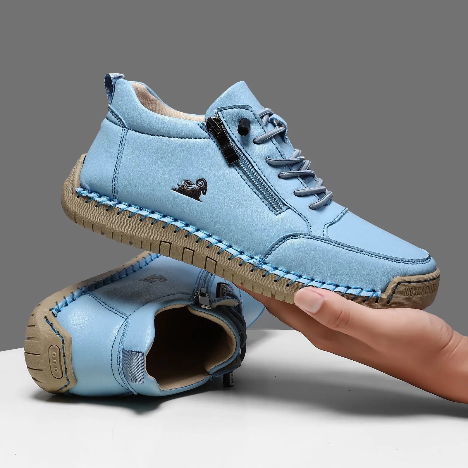 Women's hand-stitched flat shoes with microfiber upper, rubber sole, round toe, front lace-up, solid colour design