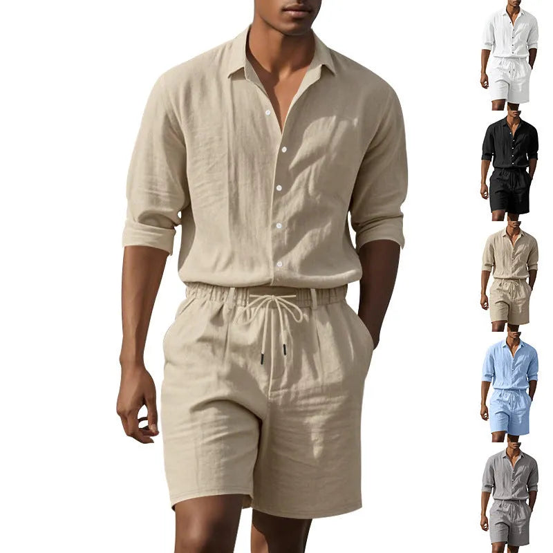 Men's linen long sleeve shirt and matching shorts set for beachwear in various colours.