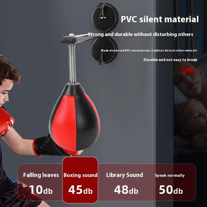 Pear-shaped inflatable boxing speed ball with double suction cup mount and pump for home training.