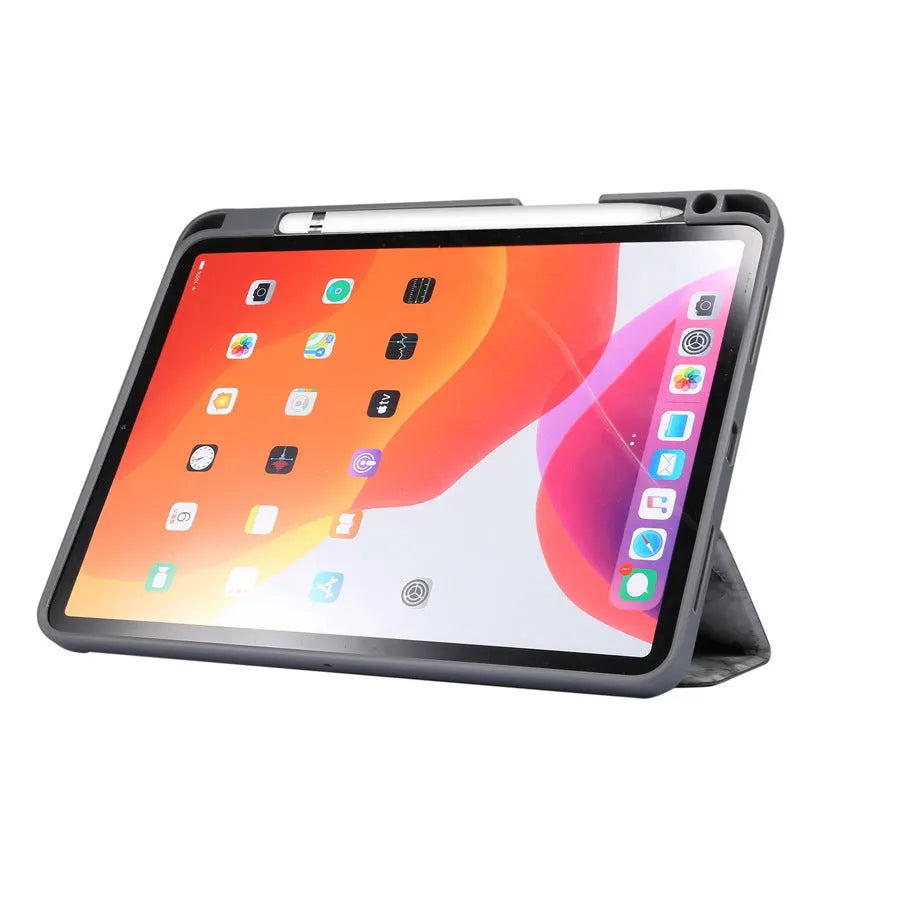 iPad leather tri-fold case in multiple colours showing pen slot and stand function