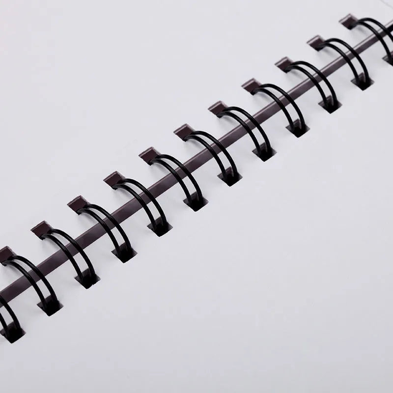 A4 artist sketch book showing coil bound, glue bound pad, and flip book binding options on a table with pencils.