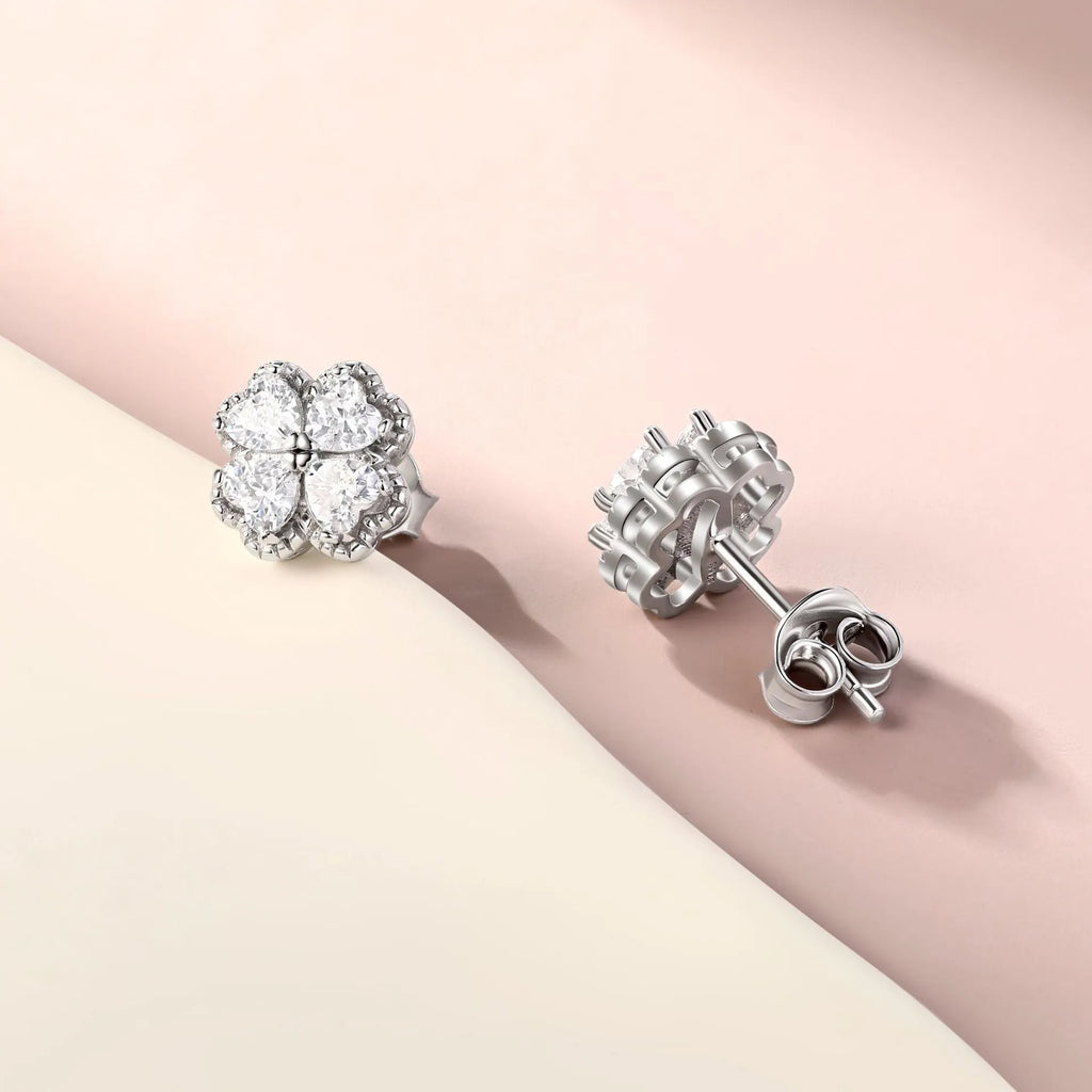 Silver zircon earrings with four-leaf clover and heart-shaped design in white gold colour