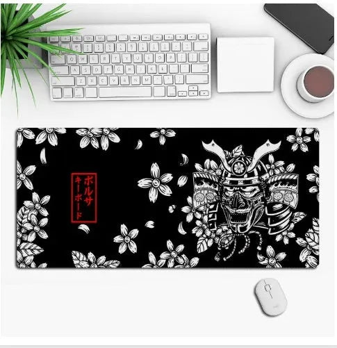 Anime-themed gaming mouse pad on a desk with non-slip rubber cloth base.