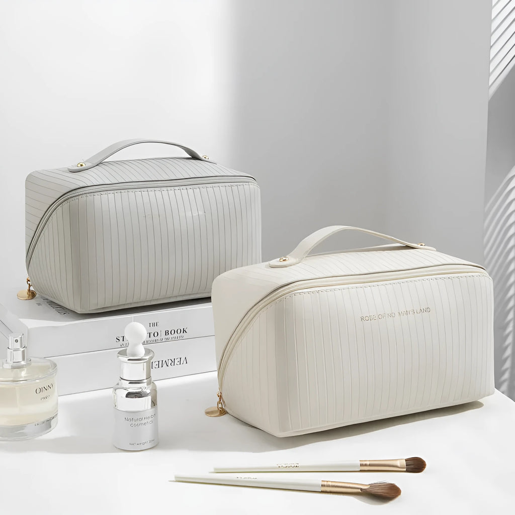 Vertical pattern cubic makeup bag in PU leather measuring 22.5 x 12.5 x 12.5 cm