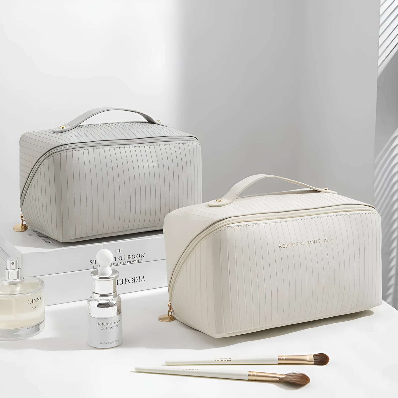 Vertical pattern cubic makeup bag in PU leather measuring 22.5 x 12.5 x 12.5 cm