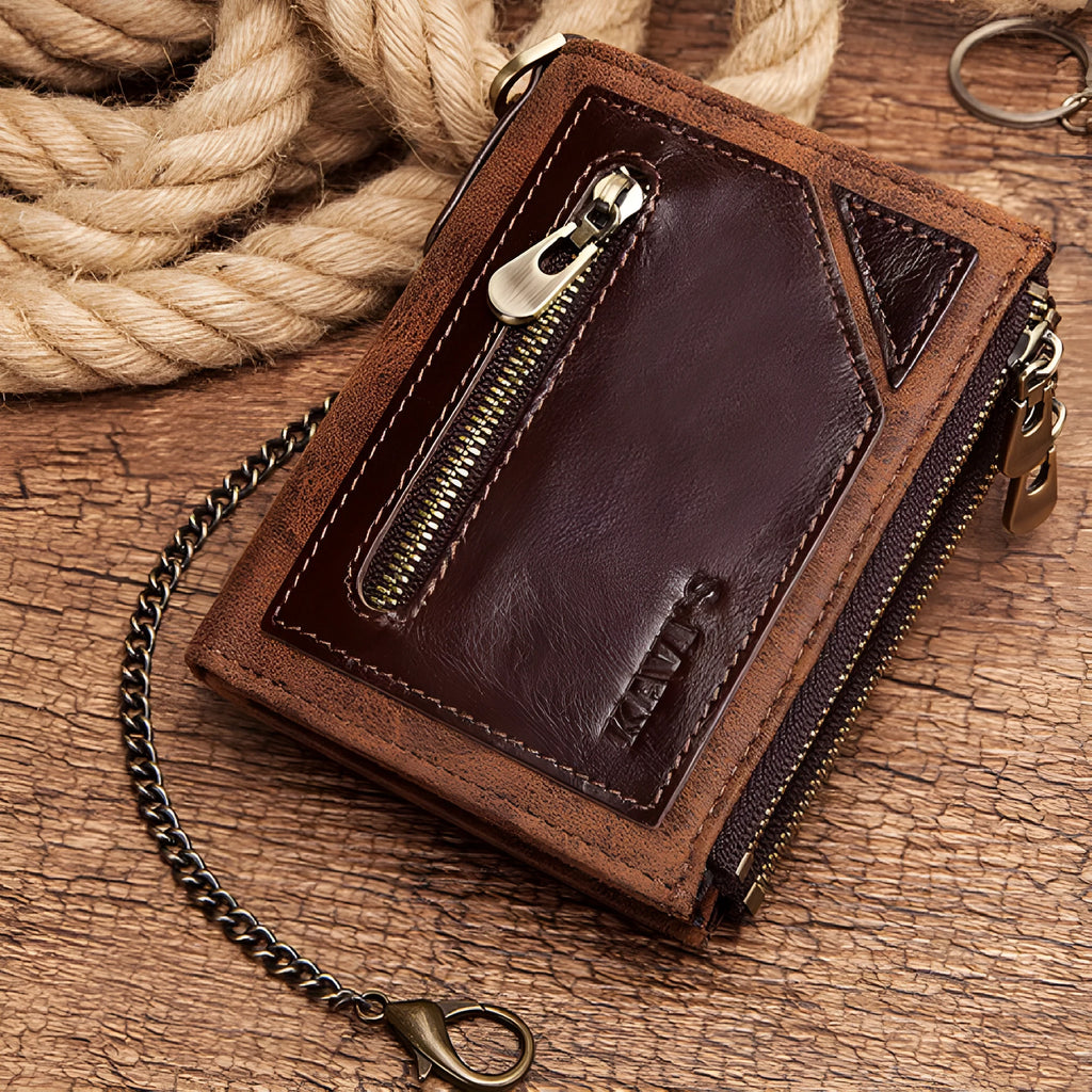 Dark brown genuine leather men's wallet with chain detailing and RFID anti-theft protection