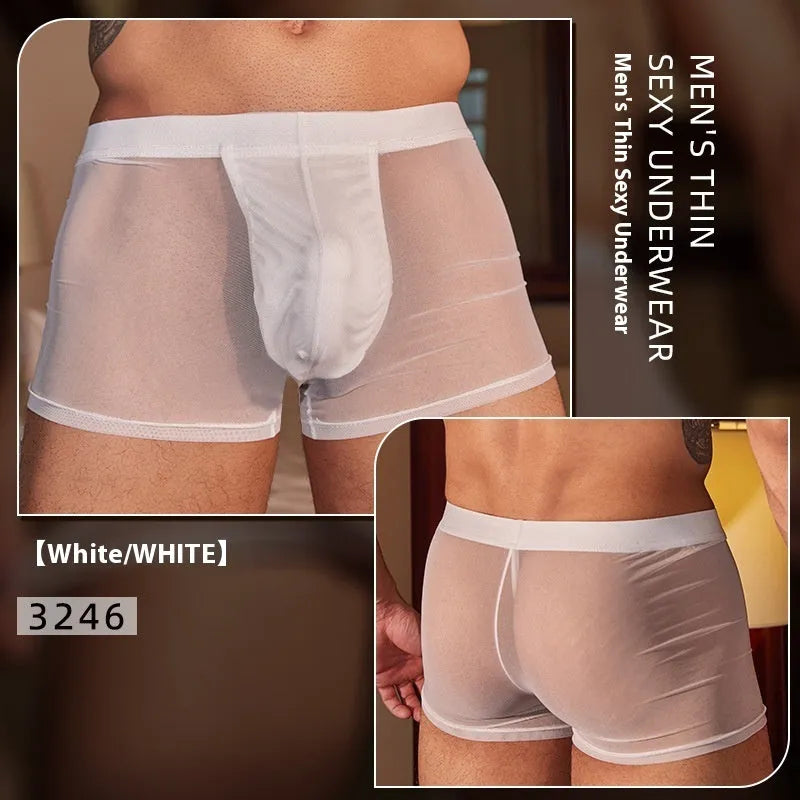 Black and white men's ultra-thin nylon boxer briefs laid flat, showing free size fit.
