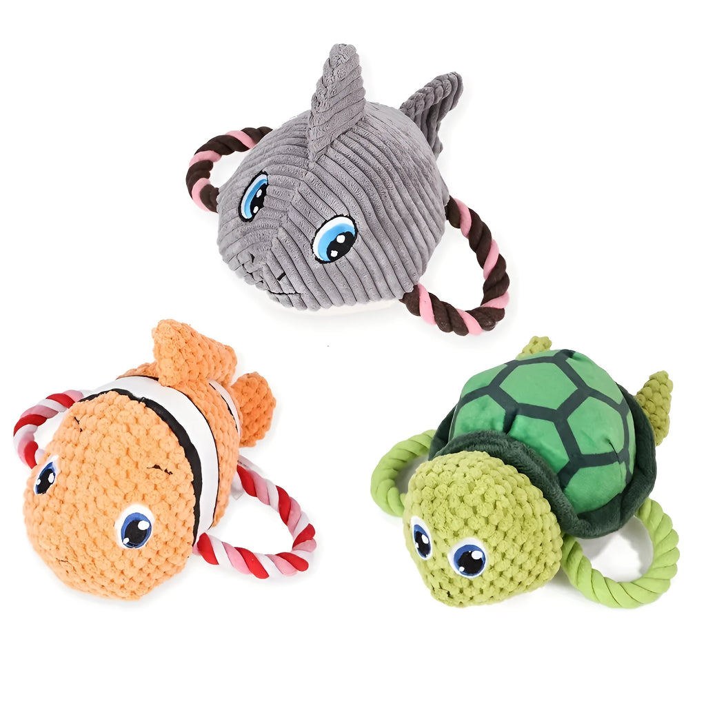 Turtle shaped dog chewing toy with knotted rope centre in grey green or orange colours