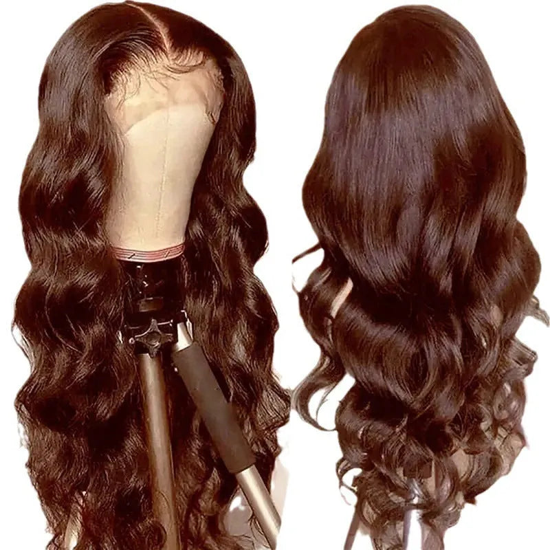 Dark brown front lace wig with long curly hair and side bangs in exotic style