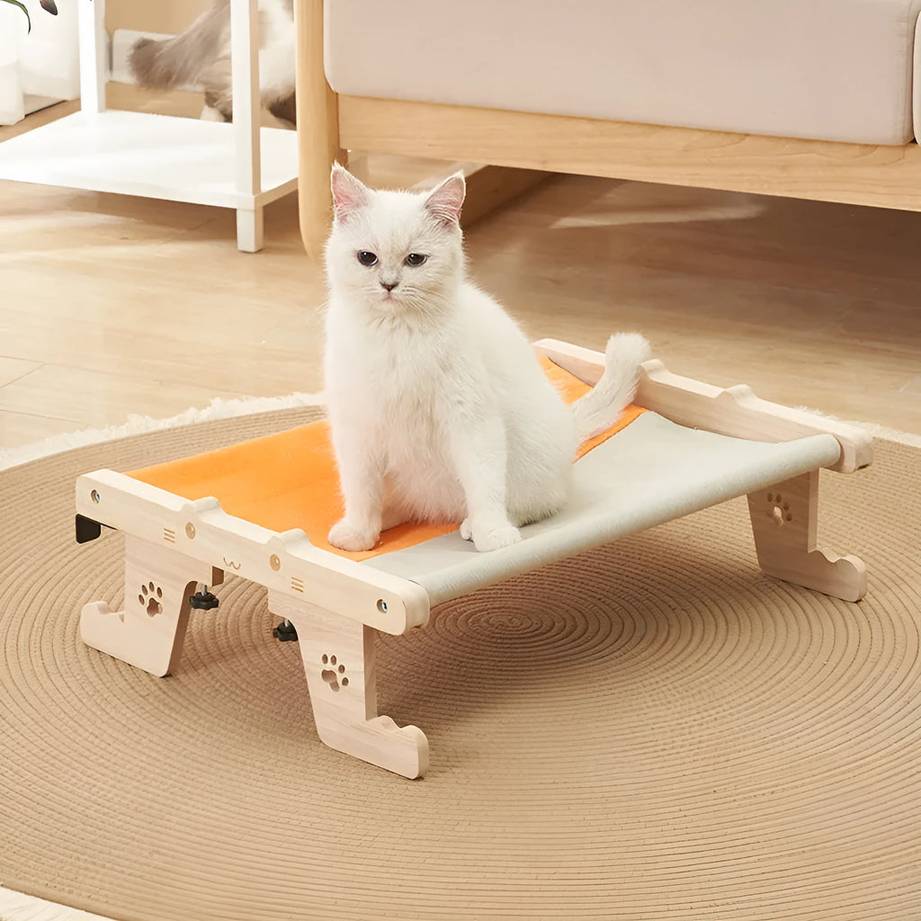 Wooden frame cat hammock hanging bed for balcony or window in one of seven available styles.