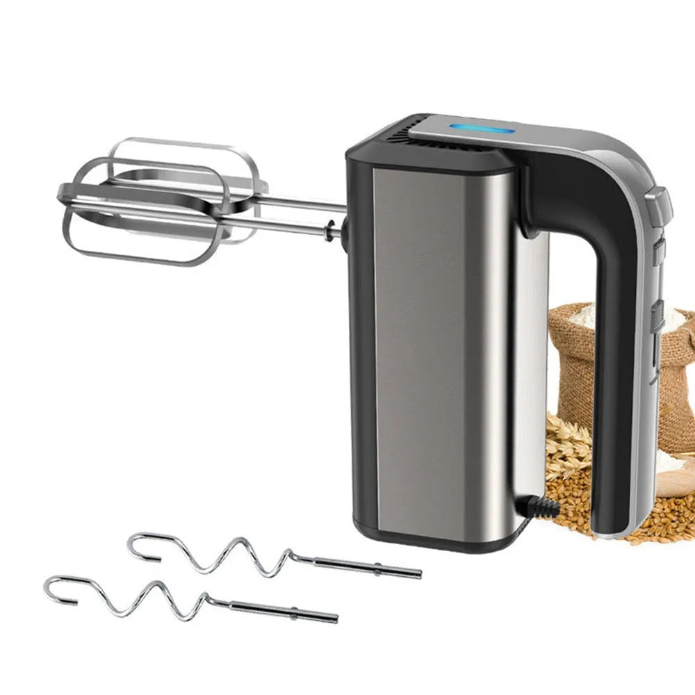 Silver household electric whisk with five speed settings and handheld operation
