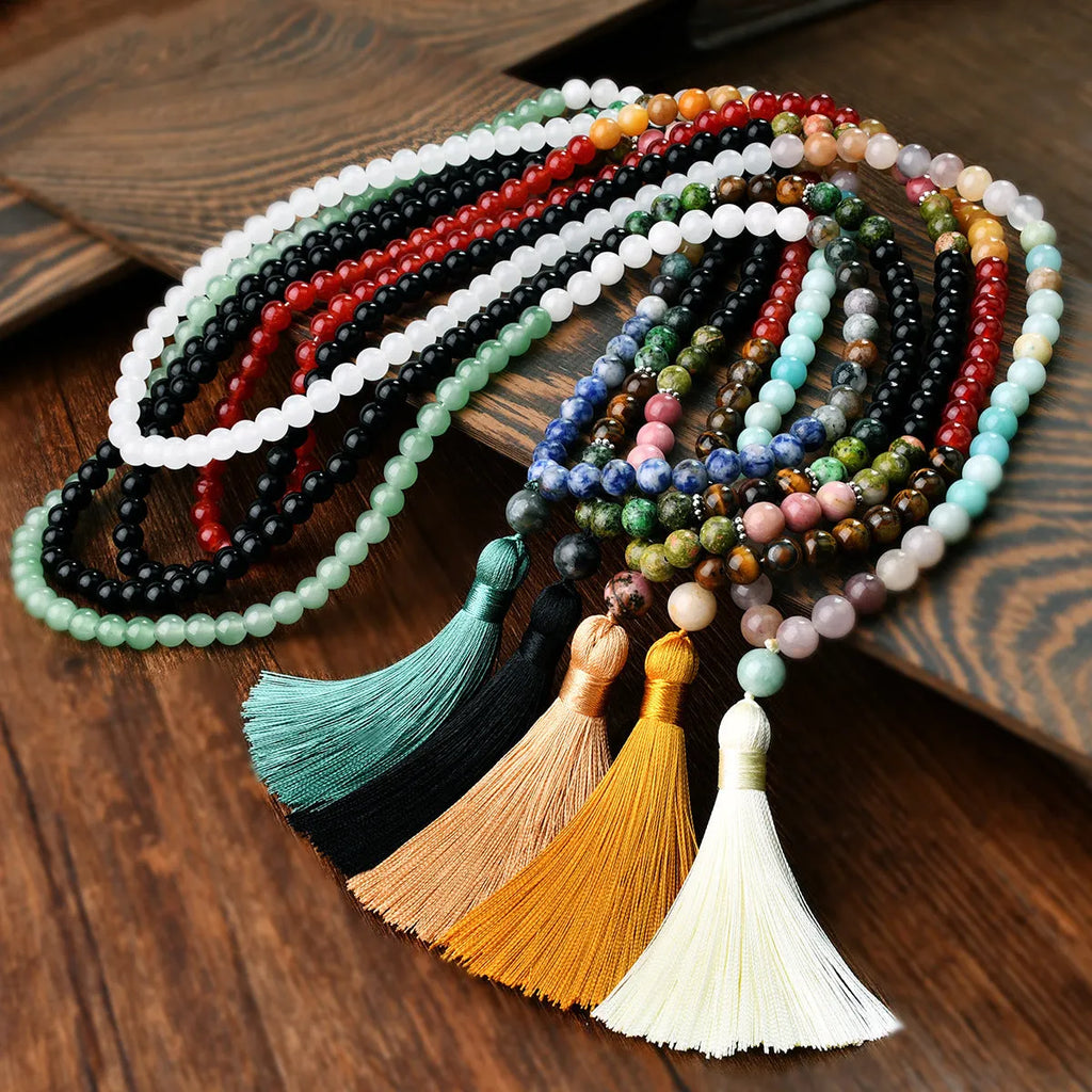 81cm long bohemian necklace with geometric gemstone pendant and 108 natural stone tassels.