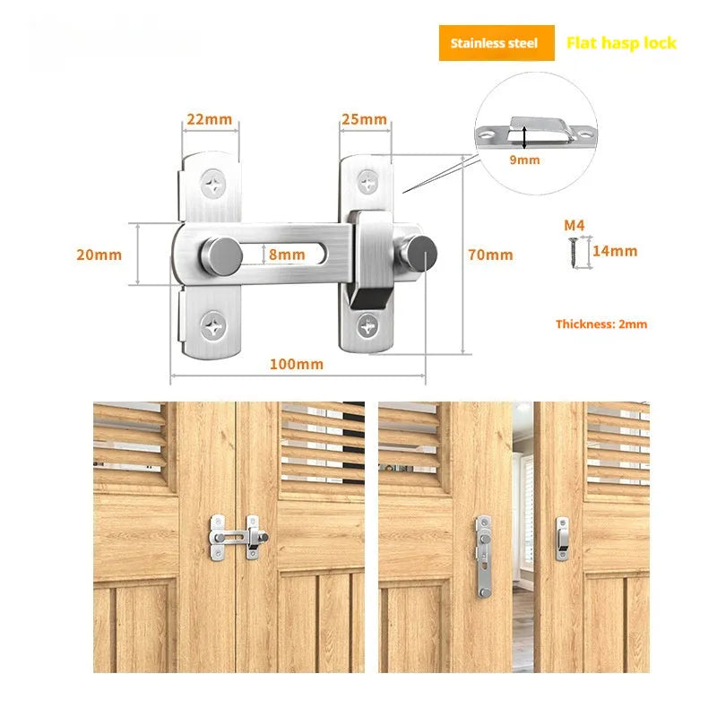 Black carbon steel and stainless steel 90-degree warehouse hook lock with flat shackle for sliding doors.