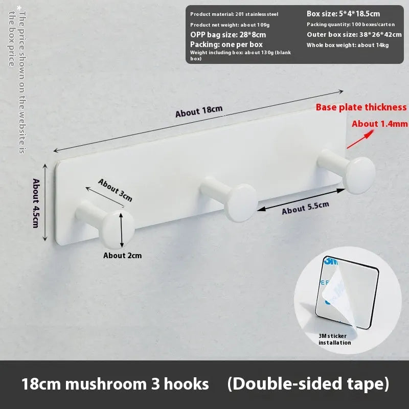 Screwless iron wall hook with mushroom design in three sizes for shower doors, with black and white tape options.