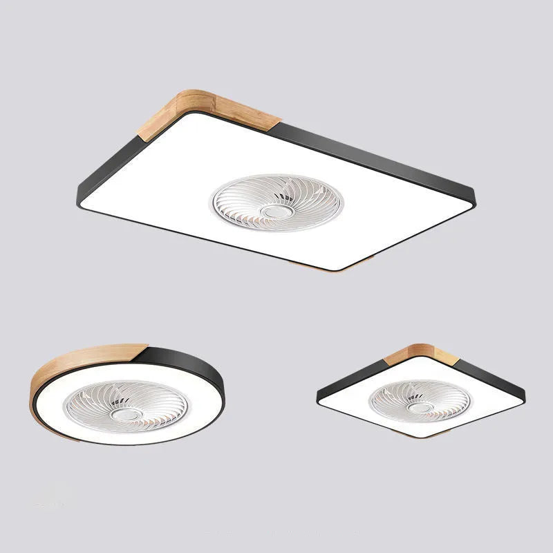 Nordic-style ceiling fan light with solid wood blades, shown in rectangular, round, and square shape options.