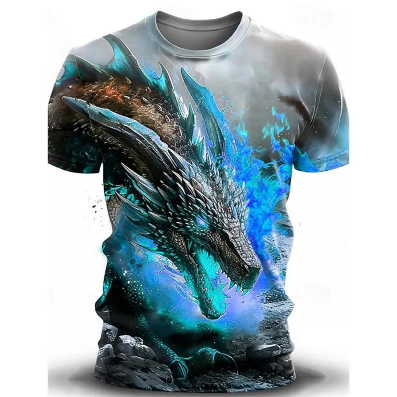 Man wearing a grey t-shirt with a large blue and white 3D wind dragon graphic print on the front.