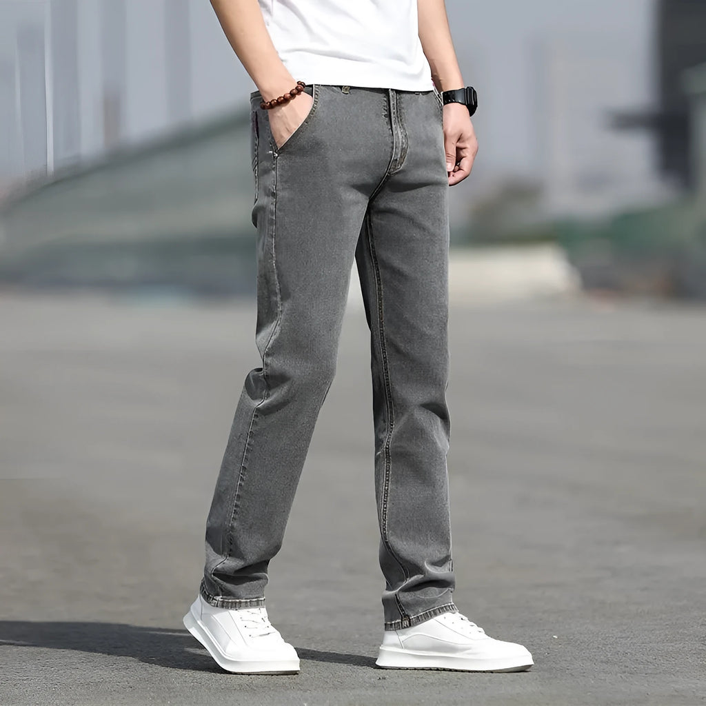 Men's smoky gray low waist straight leg jeans with rabbit fur fabric and high elasticity