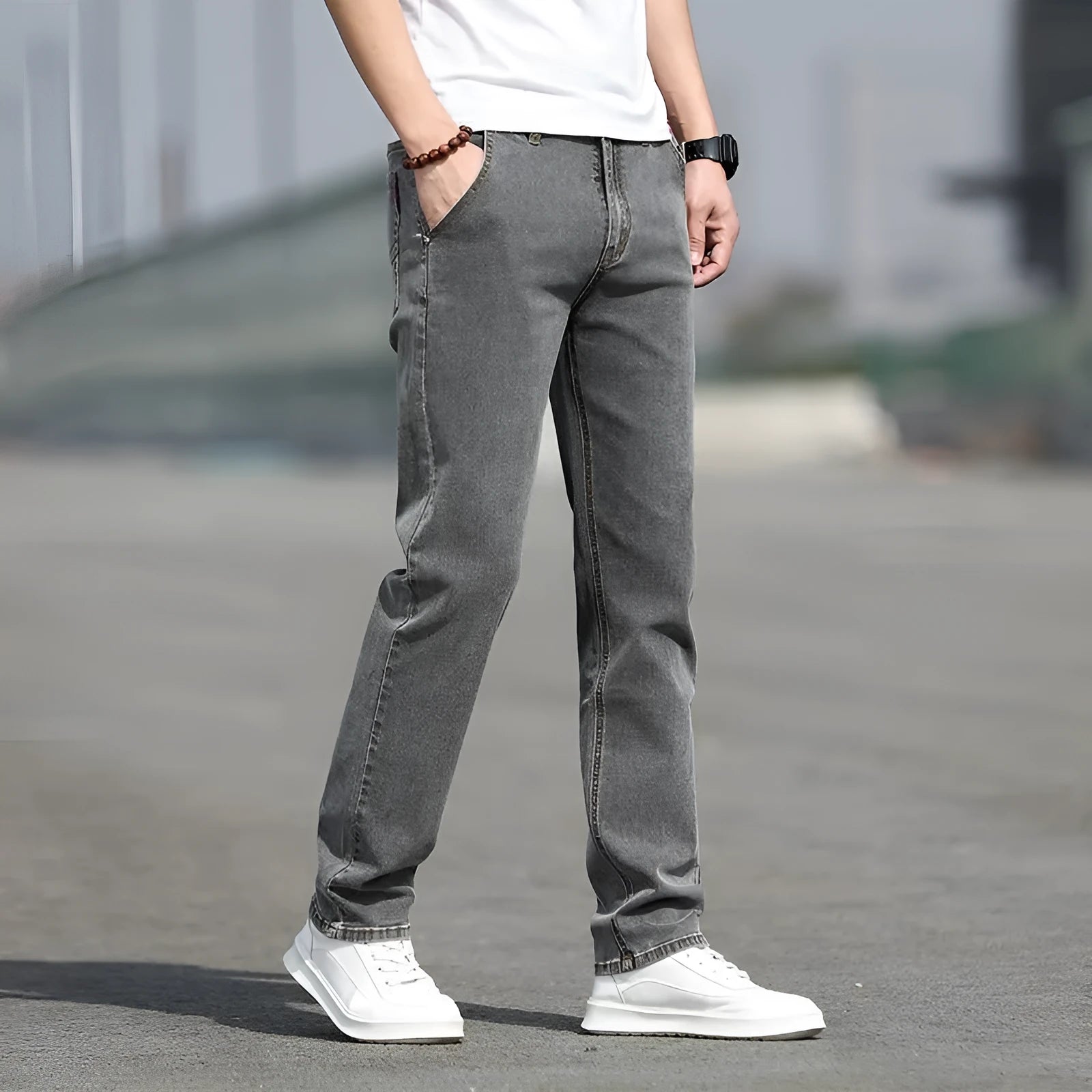 Men's smoky gray low waist straight leg jeans with rabbit fur fabric and high elasticity