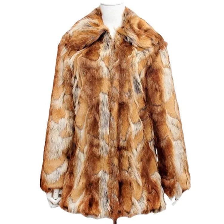 Women's slim-fit tiger pattern faux fur leather jacket on a hanger, showing long sleeves and medium length.