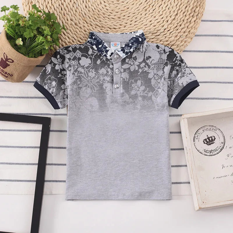 Solid colour short-sleeve cotton T-shirt for children with a lapel collar.