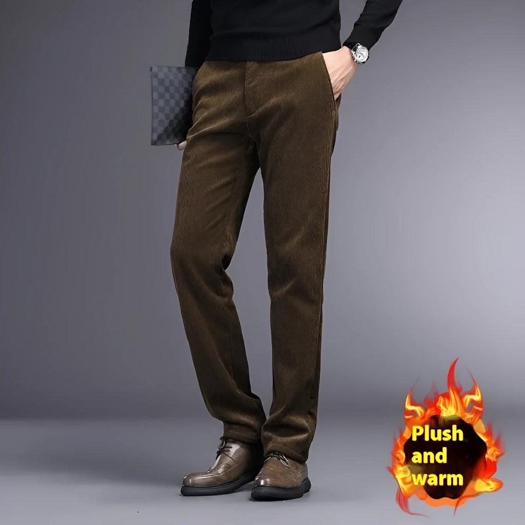 Men's straight-leg striped trousers in khaki colour shown laid flat, featuring a zip fly and no belt loops.