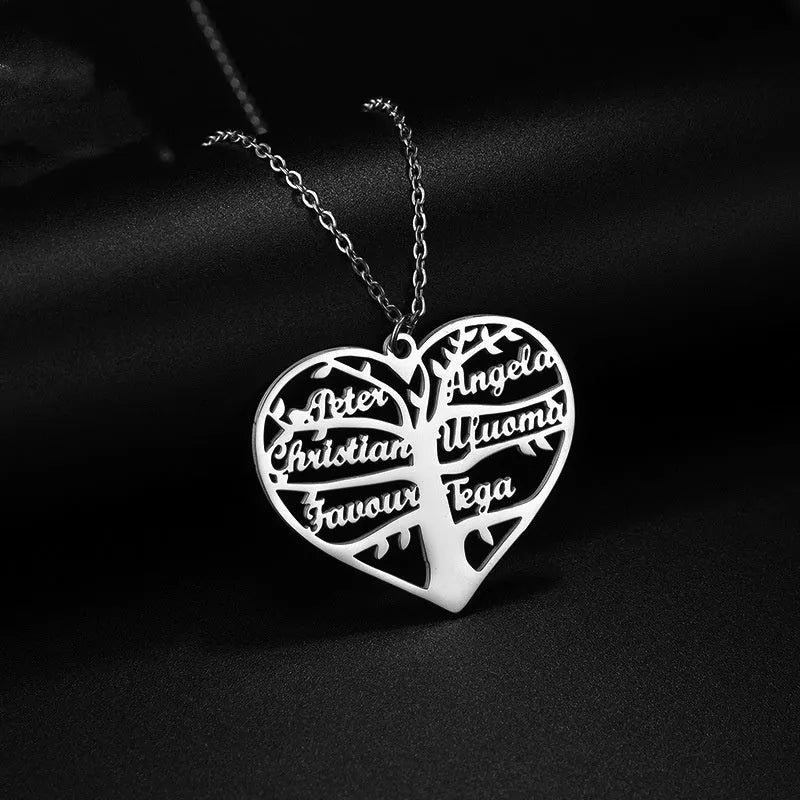 Custom stainless steel name necklace with family tree and hollow heart pendant in gold, silver, or rose gold.