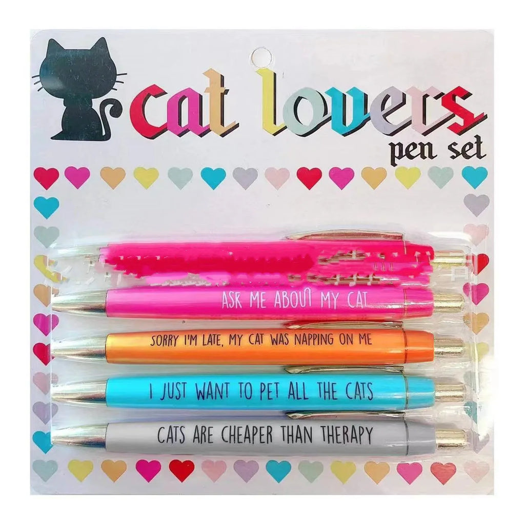 Five coloured automatic pens with push action mechanism in beaded storage bag with cat and dog refill packs