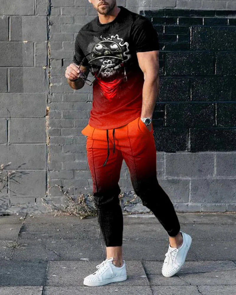Men's short-sleeved round neck pullover and matching trousers sportswear set in polyester blend fabric