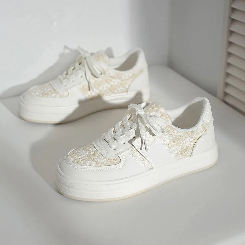 Beige platform sports board shoes with plaid pattern, mesh lining, and rubber sole