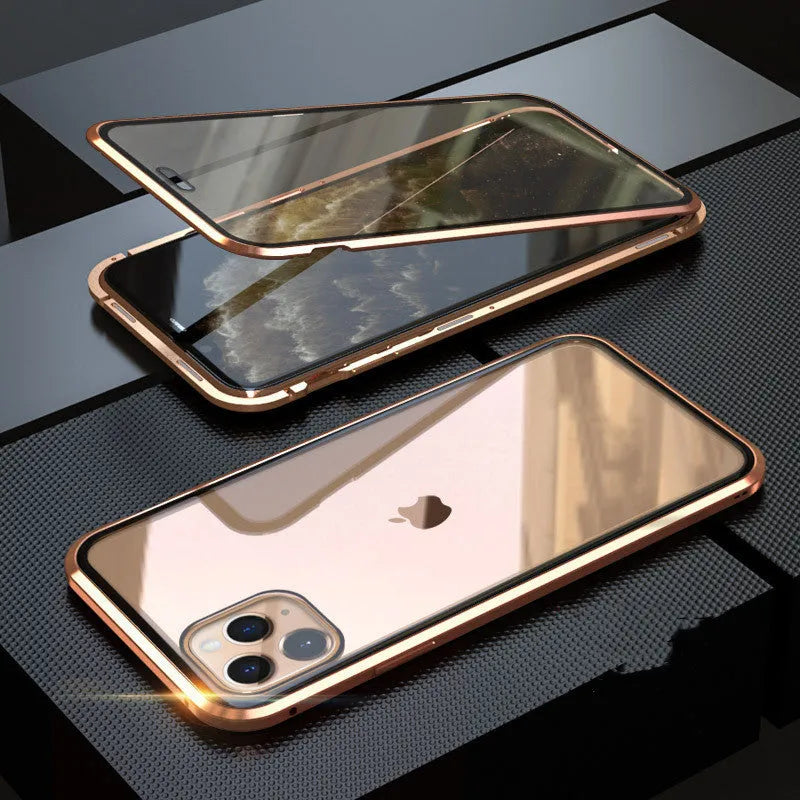 Anti-spy glass clamshell phone case in geometric design for iPhone, shown in multiple colour options