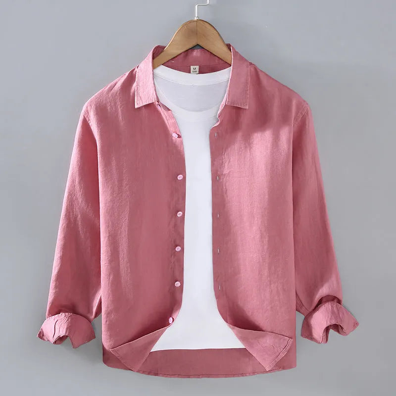 Men's linen shirt in solid colour with cardigan styling and long sleeves