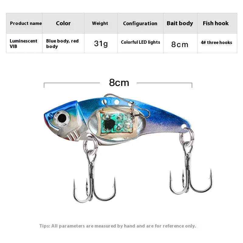 Metal vib electronic fishing lure with luminous construction in blue and red colour options