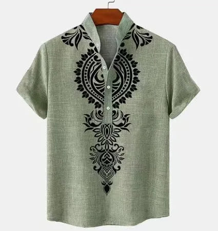 Men's loose fit casual shirt with stripe pattern in polyester fabric showing colour and sizing options