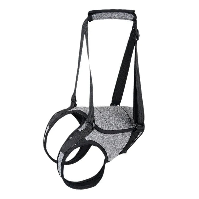 Grey neoprene dog rear leg recovery belt with adjustable waist and thigh straps