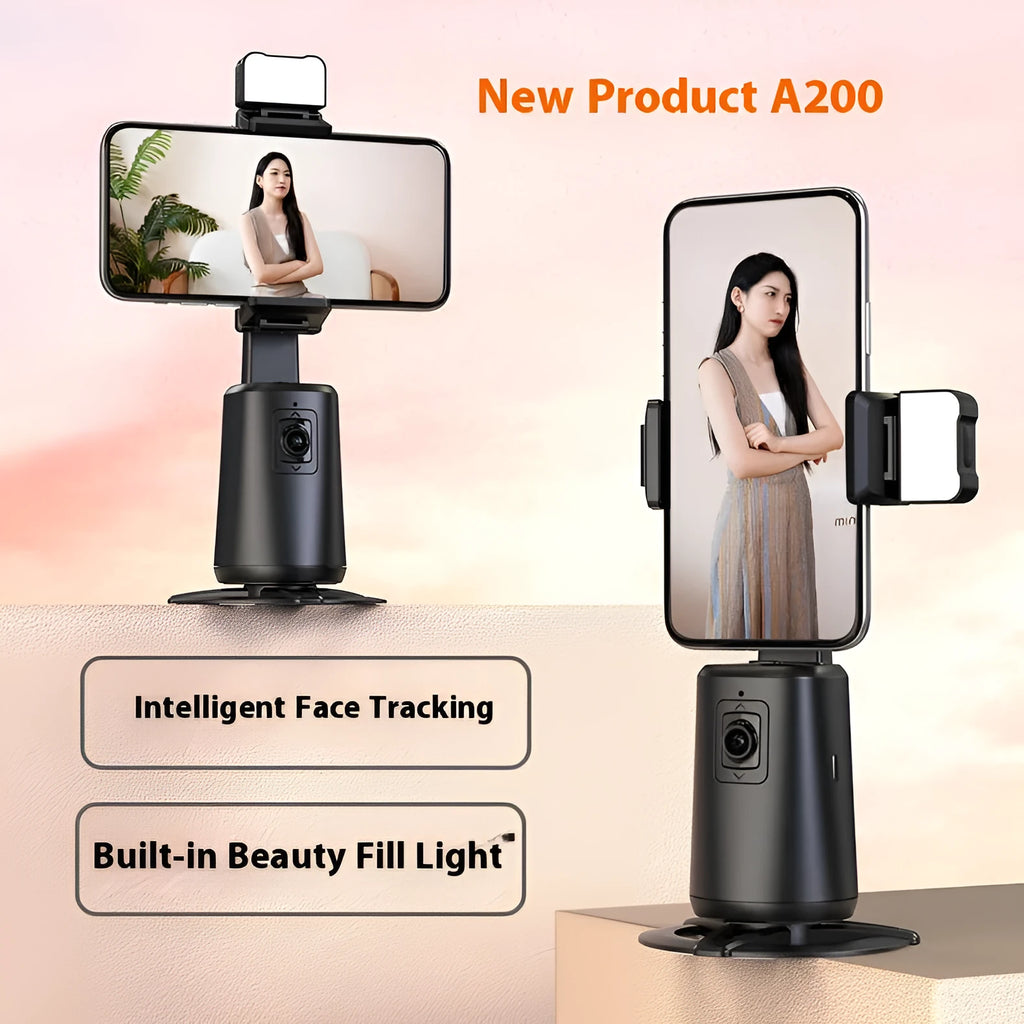 Black desktop phone bracket with LED ribbon lights showing rotating camera head and remote control