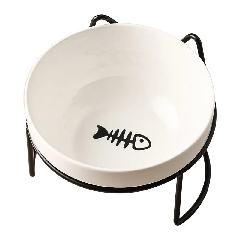 White ceramic pet bowl with decorative pattern in iron frame with cat ear accents