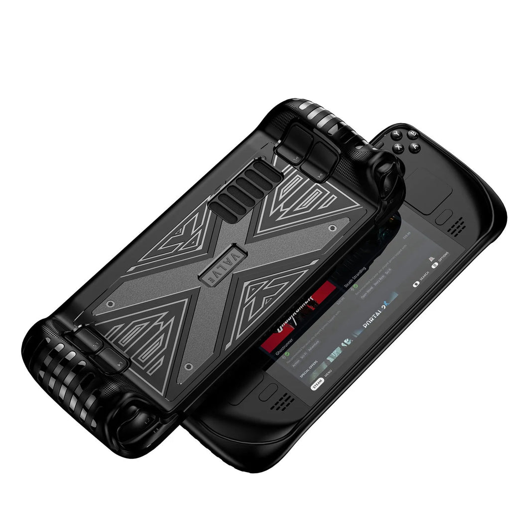 Red, blue, and black TPU silicone protective cases for a handheld gaming console on a grey background.