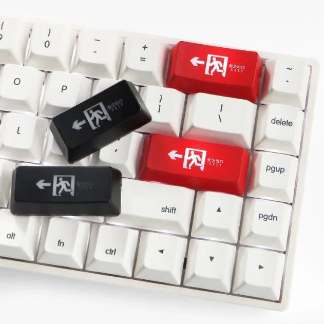 Safety evacuation exit key cap for mechanical keyboards in red and black colour options