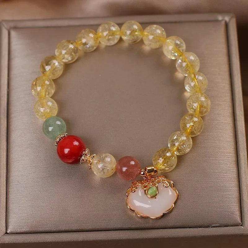 Women's natural citrine jade ruyi pendant bracelet with yellow crystal stone and adjustable alloy clasp