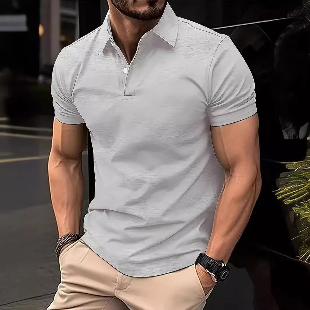 Men's slim-fit cotton-blend short-sleeve button-up shirt in solid colours on a size chart background.