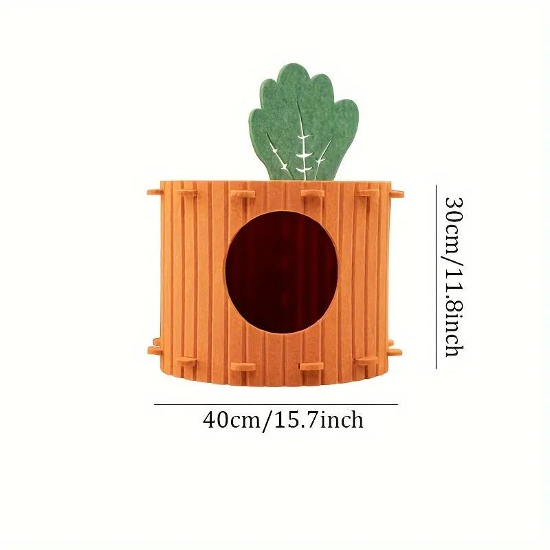 Carrot-shaped semi-enclosed felt cat tunnel bed on a floor