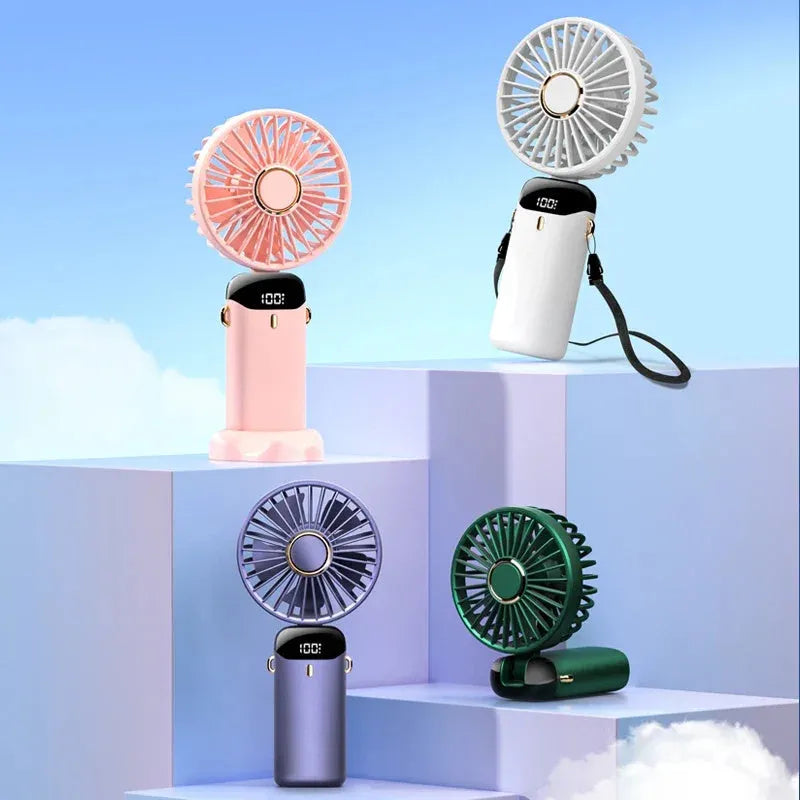 USB rechargeable mini portable fan in blue with 5 speed settings and digital display