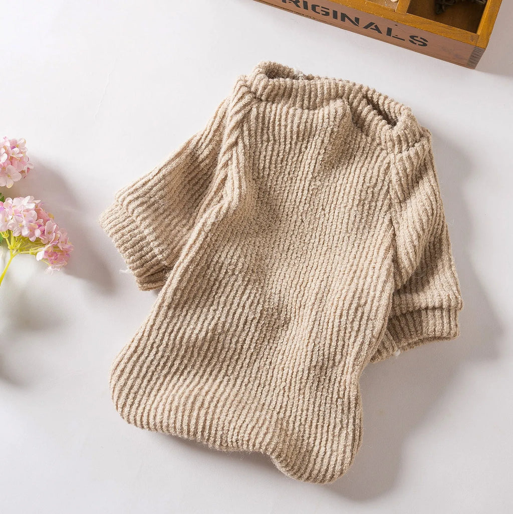 Brown casual cloth sweater for a small dog on a mannequin, showing size range XS to XL.