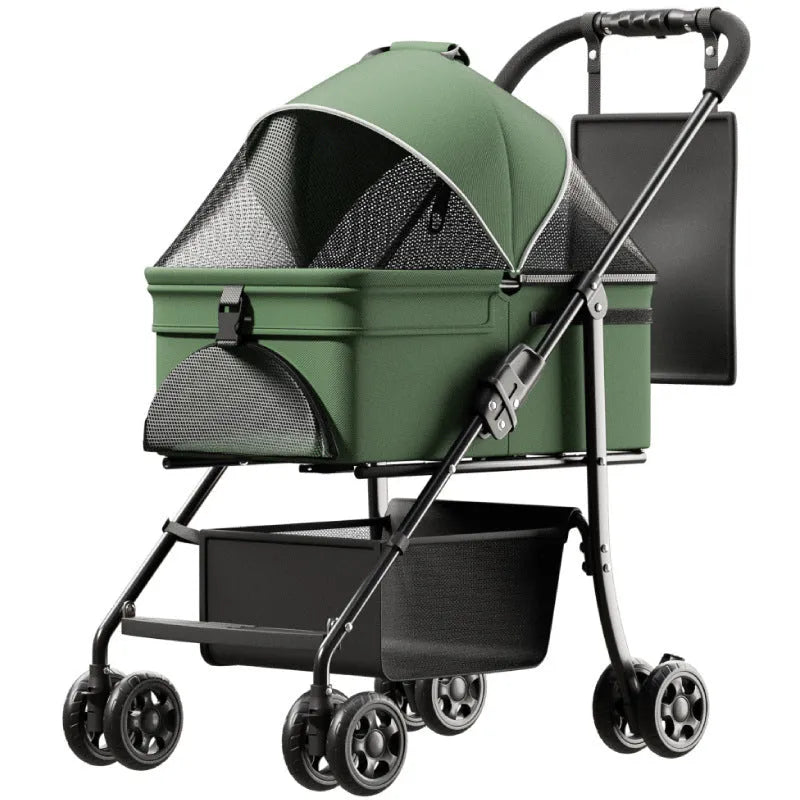 Black one-click folding pet cart with removable design and metal frame