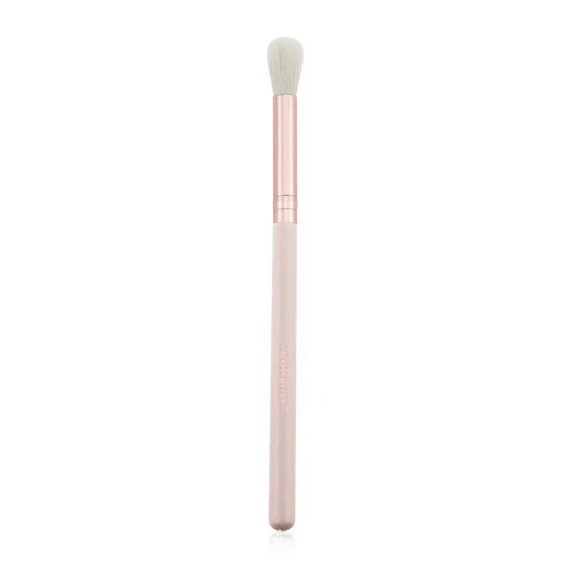 26-piece pink makeup brush set with wooden handles in protective roll case