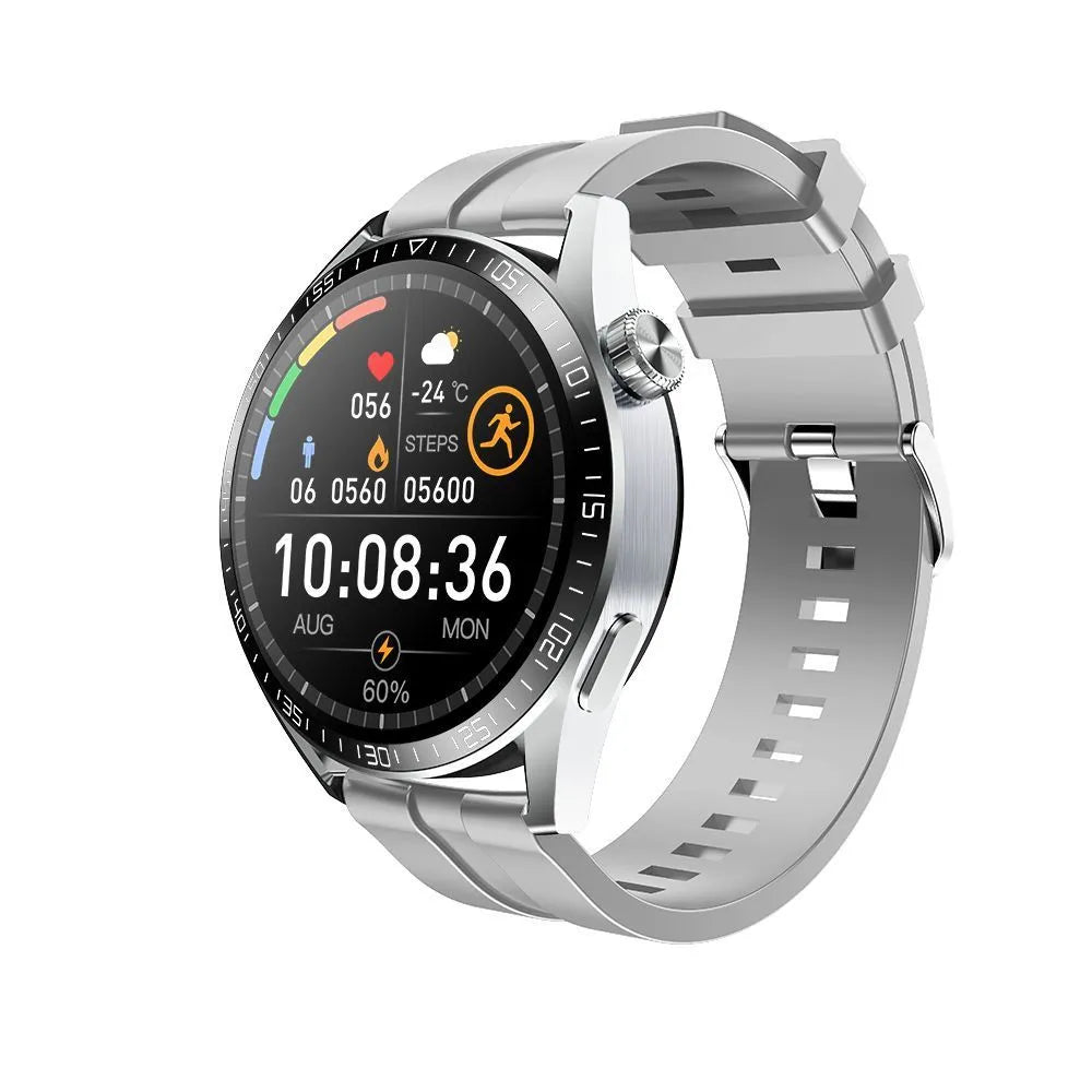 Black or silver smartwatch with 1.35-inch screen showing health stats and NFC payment icon.